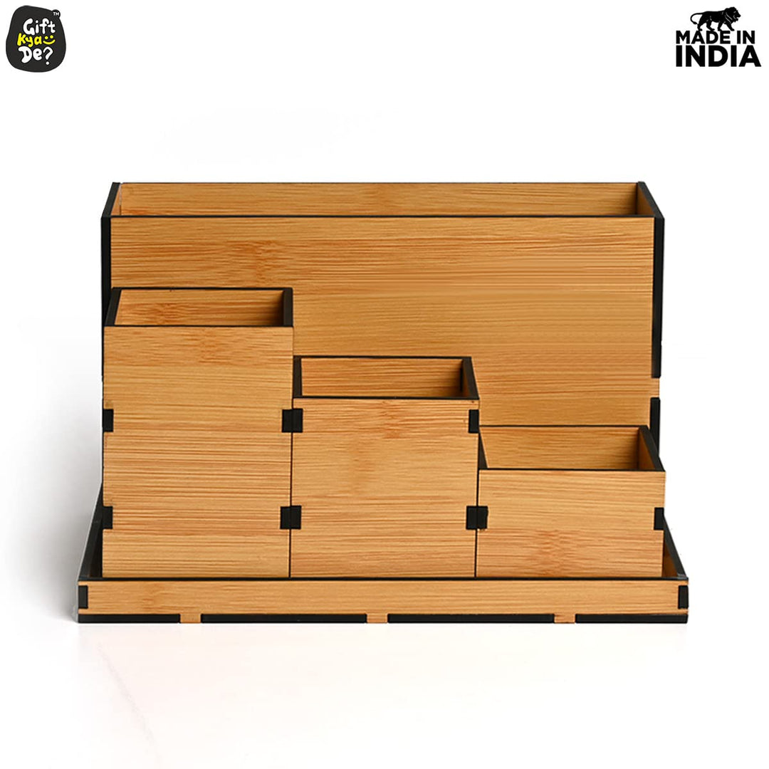 Gift Kya De Wooden Multipurpose Desk Organizer | Table Clock | 4 Compartment Organizer