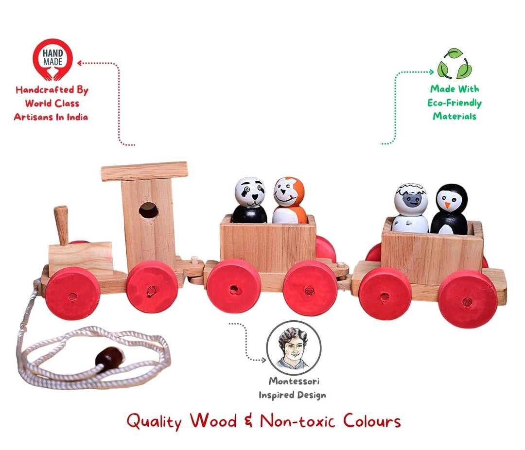 Channapatna Toys Pull Along Toy Wooden Train with 4 Animals Peg Dolls for 12 Months & Above Kids, Toddlers, Infant & Preschool Toys - Multicolor - Wooden Toys Train Indian Passenger Set