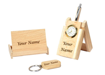 MiRa Gifting Solutions 4 in 1 Personalized Customized Wooden Office Gift Set with Pen, Pen Stand, Keychain and Card Holder