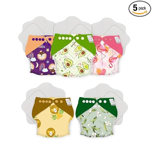 Snugkins 100% Organic Cotton Reusable Waterproof & Washable Cloth Diapers with Wet Free Pre-fold Pads & Booster Pads - Pack of 5