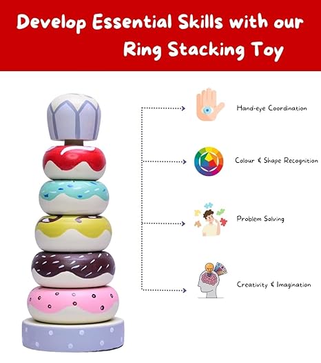 Channapatna Toys Organic Wooden Doughnut Stacking Toy for Kids-(1 Year+)-Montessori Toys for Toddlers 1-3 Yrs Old & Up- Multicolor-Pack of 1-Develop Fine Motor Skills, 1 Piece
