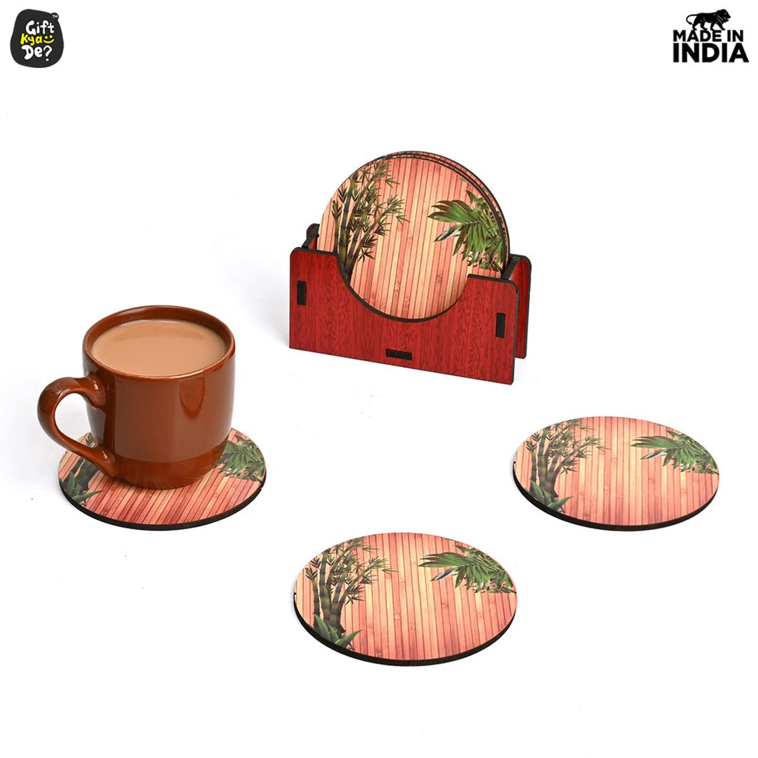 Gift Kya De Coaster Set of 6 Natural Wooden Bamboo Tree Style | Coasters with Beautiful Coaster Stand