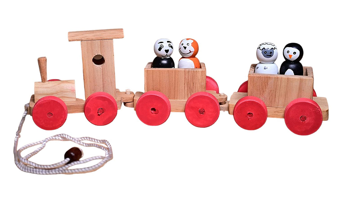 Channapatna Toys Pull Along Toy Wooden Train with 4 Animals Peg Dolls for 12 Months & Above Kids, Toddlers, Infant & Preschool Toys - Multicolor - Wooden Toys Train Indian Passenger Set