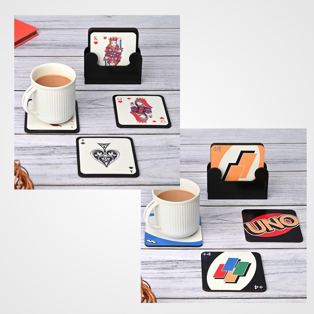 Gift Kya De Coaster Set of 12 | Wooden Square Coasters with Proper Coaster Stand | Designer Coaster Set