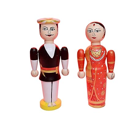 Channapatna Toys Wooden Raja & Rani Dolls | Mr & Mrs Pair Dolls Toys for Kids (3 Years+) 18 cm Multi Color- Set of 2 pcs