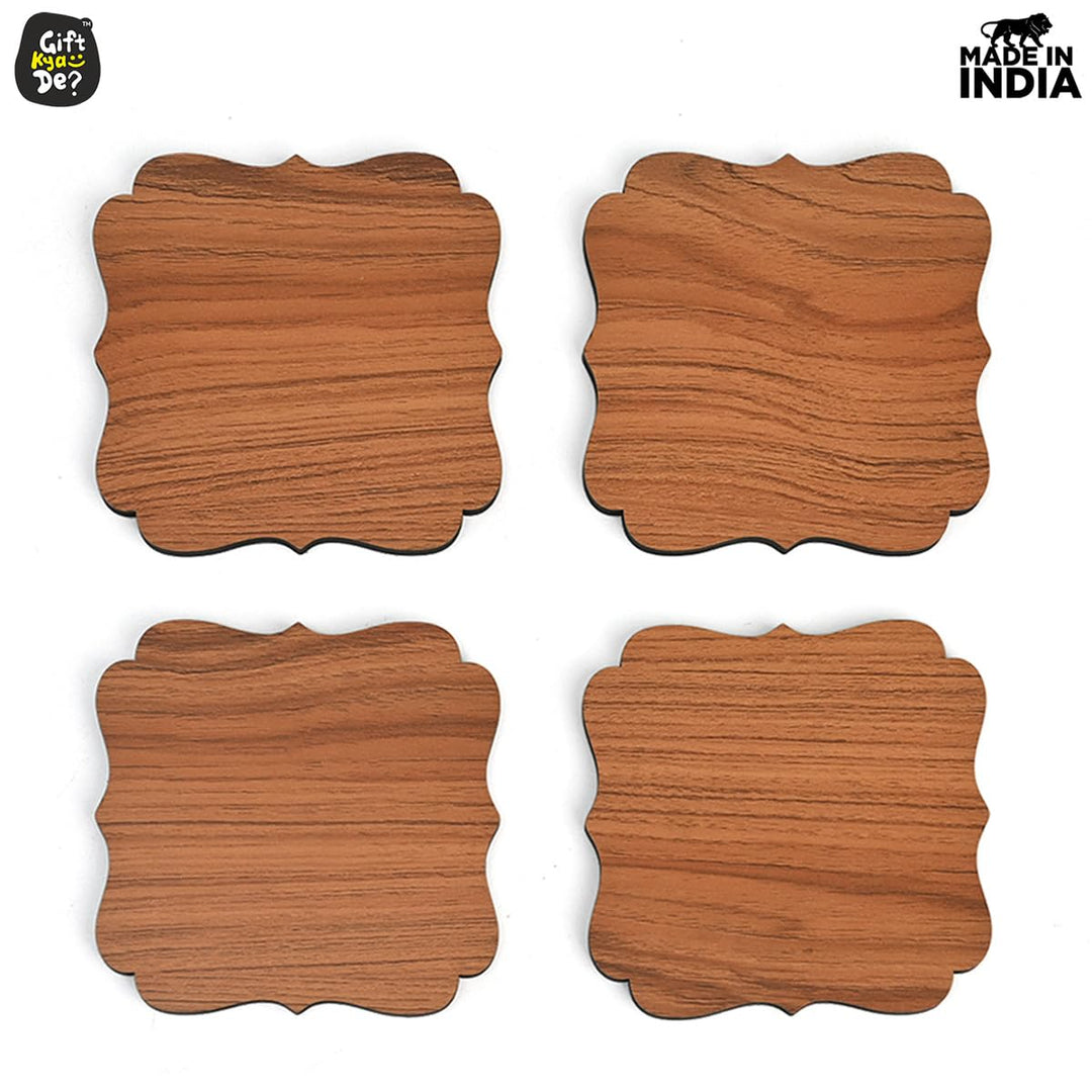 Gift Kya De Coaster Set Maharaja & Natural Design | Premium Wooden Table Coasters with Anti Slip Grip | 4 pc Wooden Coasters (10 x 10 cm)