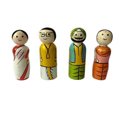 Channapatna Toys Wooden Peg Dolls North Indian Couples Non Toxic Colors (2 Years+) - Set of 4 Wooden Dolls | Pretend Play, Open Ended Toys