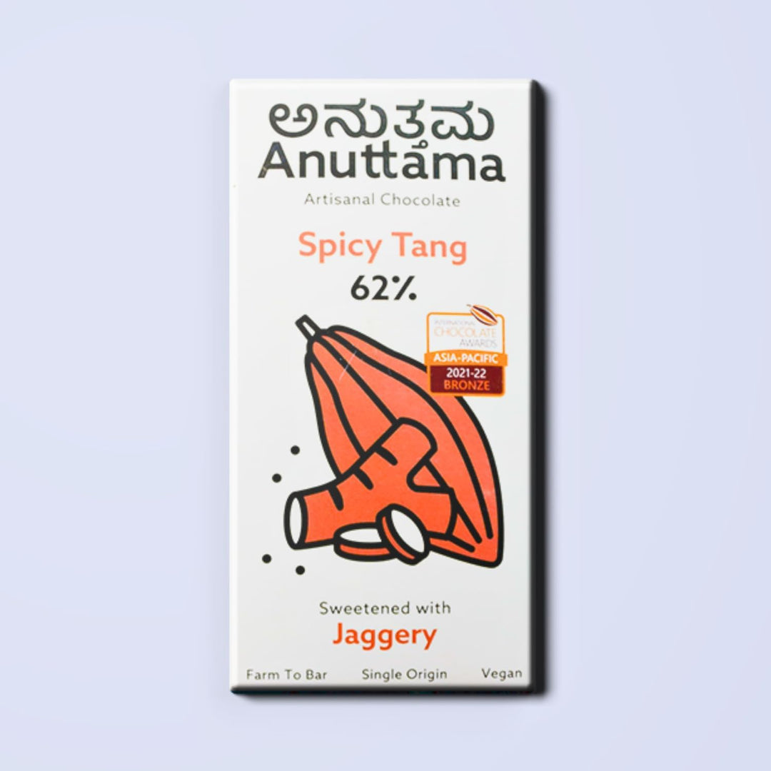 ANUTTAMA Spicy Tang Dark Chocolate - 62% Cocoa - Dried Ginger and Pepper - Vegan Chocolate Bar 50 gm
