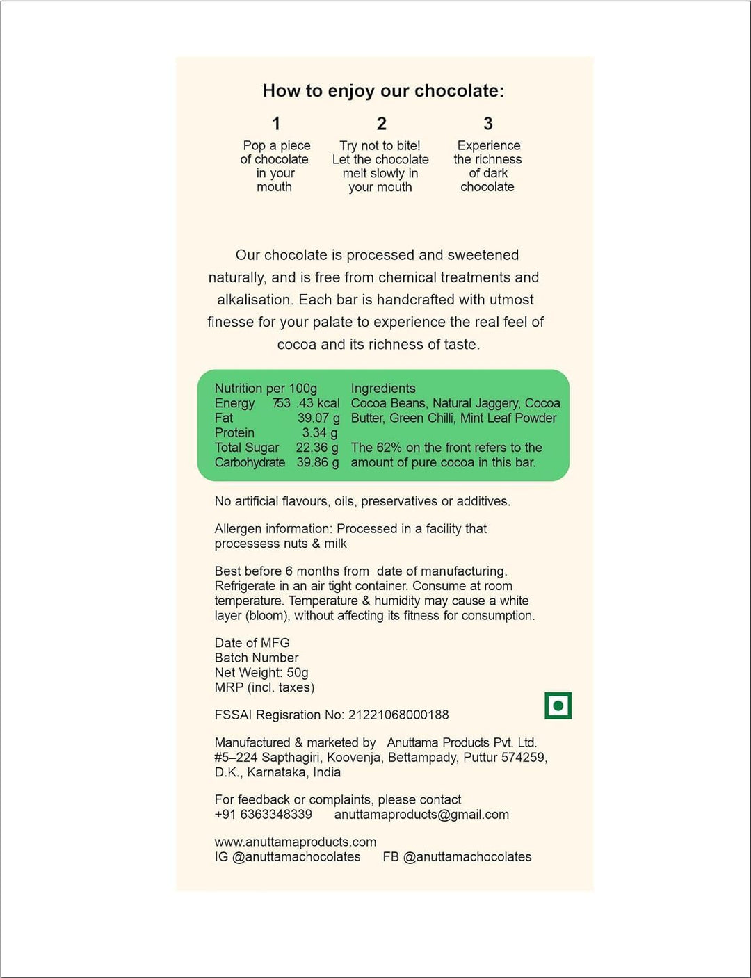 ANUTTAMA Dark Chocolate Hot Mint - 62% Cocoa Chocolate Bar 50 gm