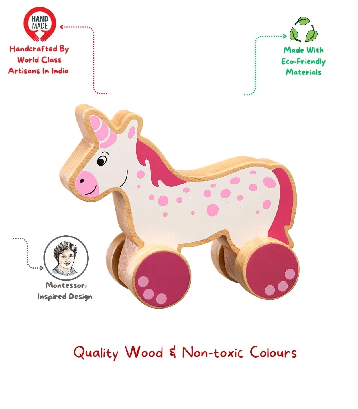 Premium Pull Along Toy Wooden Unicorn for 12 Months & Above Kids, Toddlers, Infant & Preschool Toys - Multicolor - with Attached String- Encourage Walking