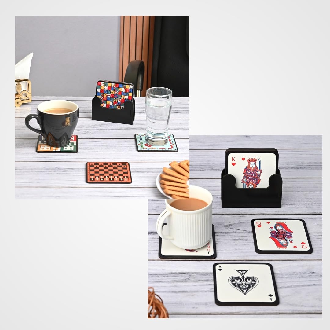 Gift Kya De Coaster Set of 12 | Wooden Square Coasters with Proper Coaster Stand | Designer Coaster Set