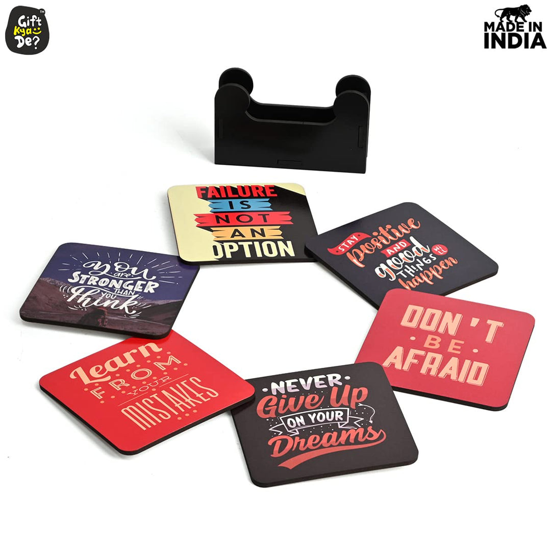 Gift Kya De Square Quotes Coaster Set of 6 With Coaster Stand | Quotes Coaster Set fit for Tea Cups and Coffee Mugs Also Coffee Lover Gifts