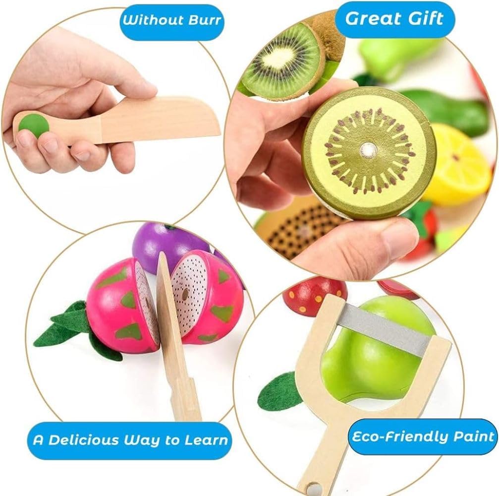 Wudly Magnetic Wooden Cutting Fruit Food Play Toy Set with Basket for Kids