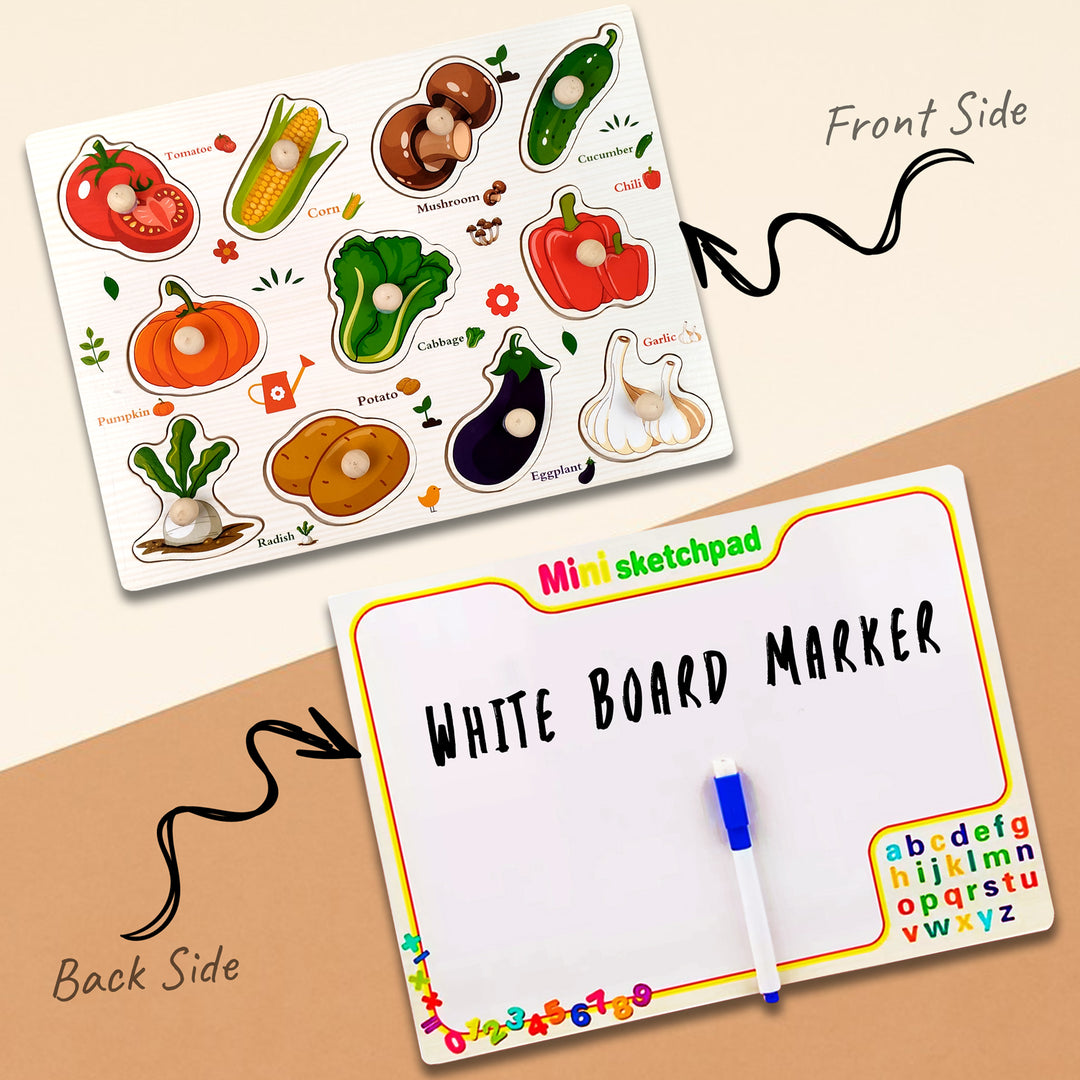 Wudly Toys Wooden Knob & Marker Puzzle Board | Alphabet, Numbers, Animals & Fruits
