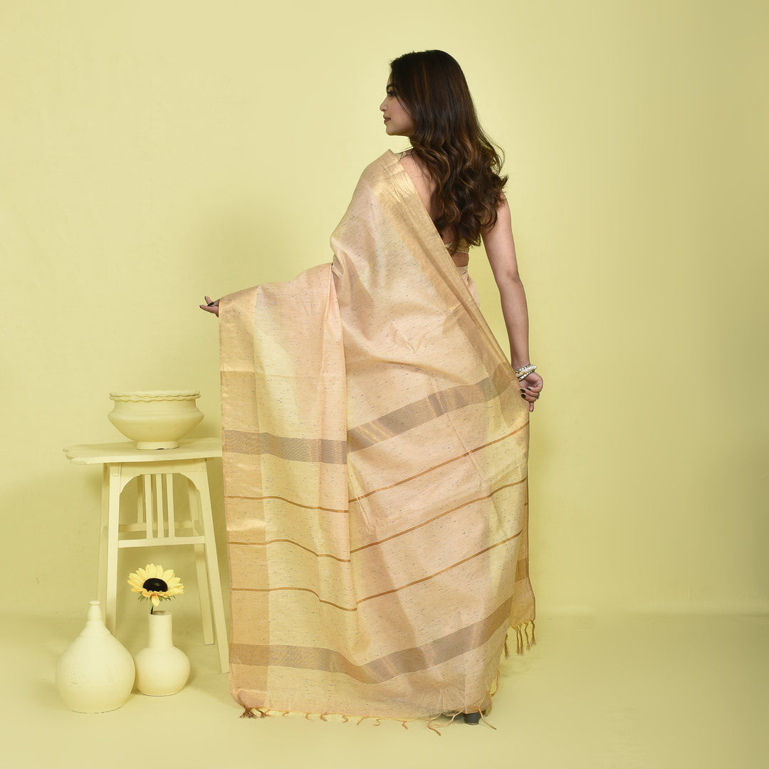 Beige Bamboo Fibre Saree with Zari Border