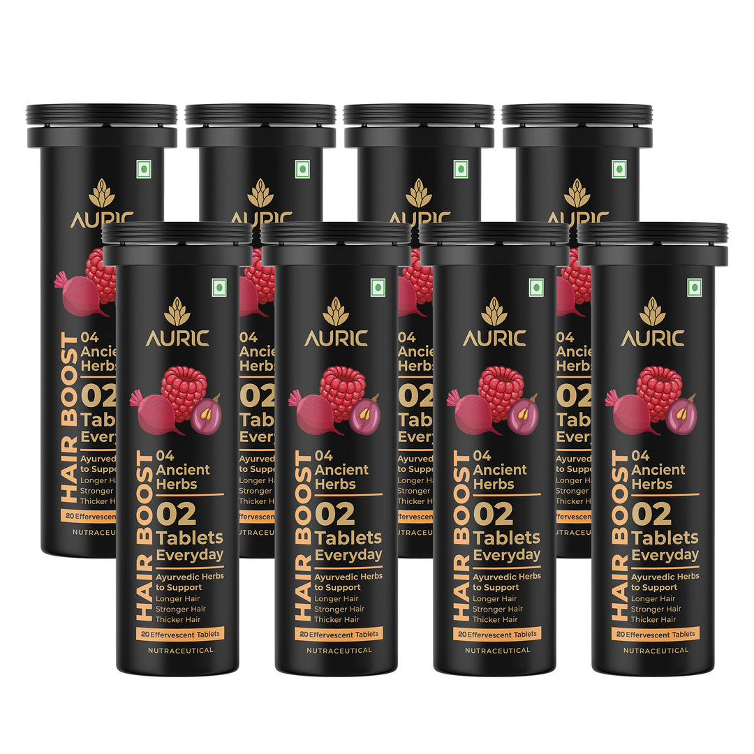 Auric Hair Boost Effervescent Tablets 20 Count | Ayurvedic Formula for Hair Fall Control | Biotin, Zinc, Beetroot & Grapeseed Extracts & Herbal Extracts | Hair Growth & Strength Support
