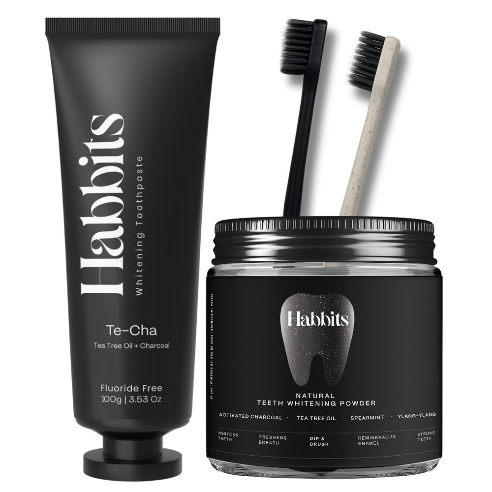 Habbits Whitening Toothpaste (100g) + Teeth Whitening Powder (50g) Combo | 2 Plant-Based Wheat Straw Toothbrush | Long Lasting Freshness | n-HAp & Hyaluronic Acid | Fluoride & Peroxide Free