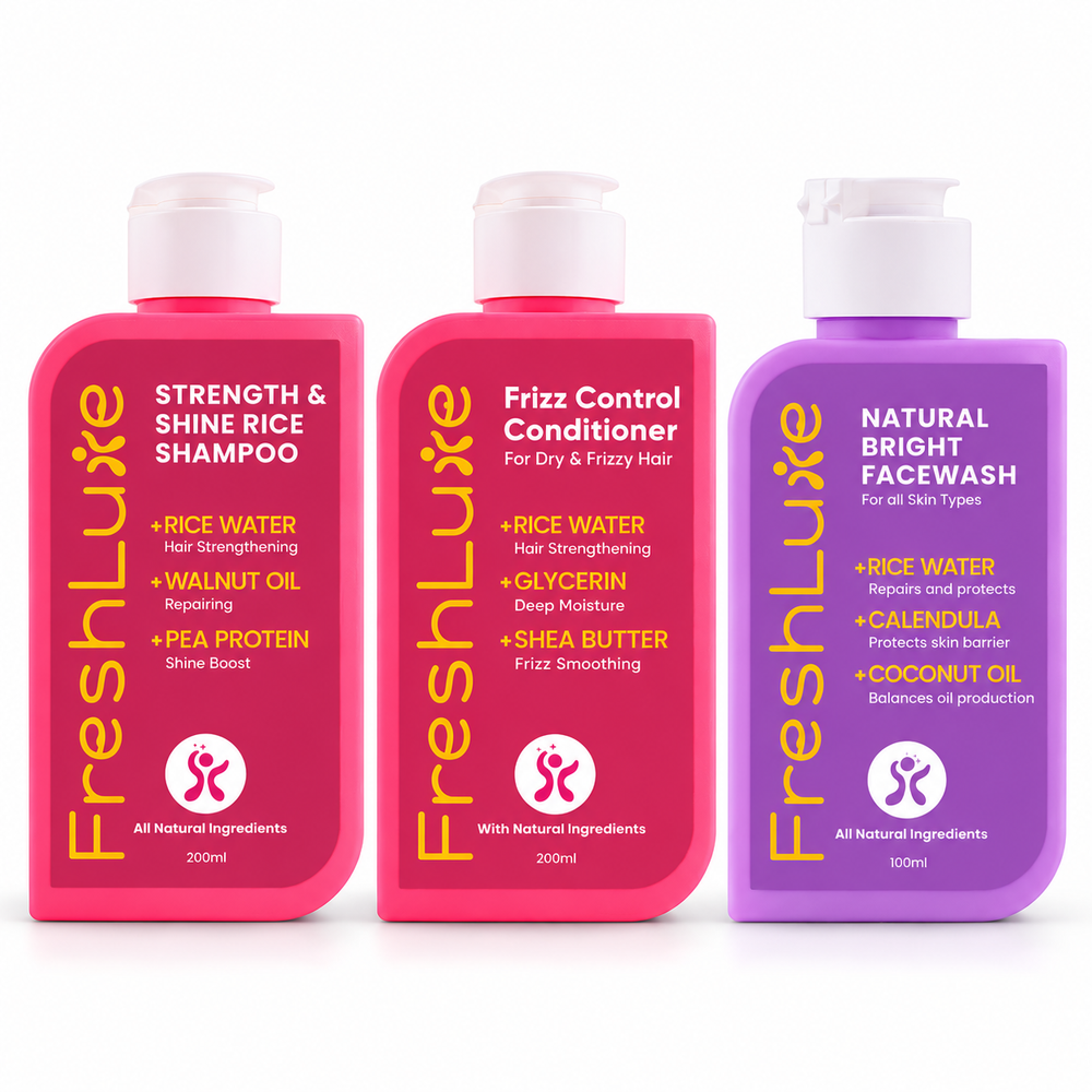FreshLuxe Rice Water Hair & Skin Care Kit | Rice Shampoo + Frizz Control Conditioner + Natural Bright Face Wash for All Skin Types | Shampoo, Conditioner & Face Wash Combo for Women & Men | Set of 3