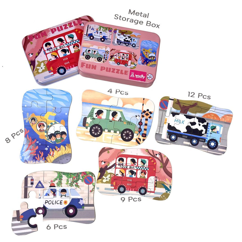 Wudly Wooden Progressive Puzzle Metal Box SCHOOL BUS