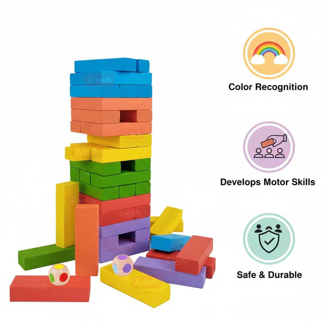 Wudly Toys Wooden Colour Stacking Tower | Colour Blocks with 2 Dice