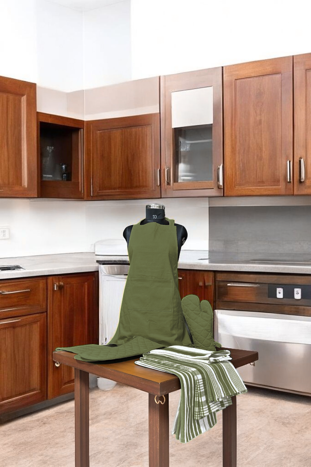 Country Village - Kitchen linen set ( Apron , Mittens , Kitchen towels)