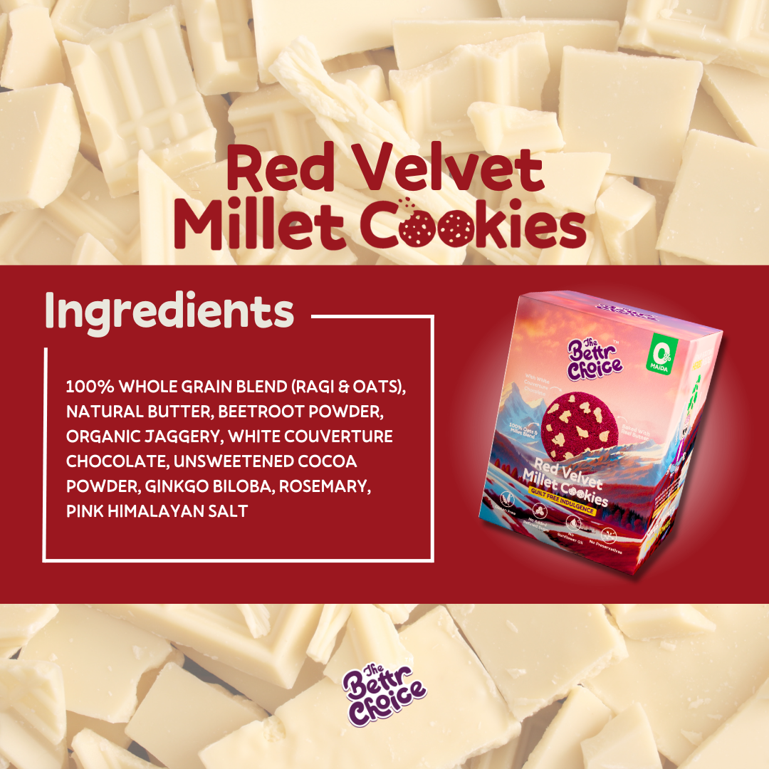 The Bettr Choice Red Velvet Millet Cookies: 100% Whole Grain Blend (Ragi & Oats), Natural Butter, Beetroot Powder, White Couveture Chocolate, Organic Jaggery, Ginkgo Biloba, No Added Refined Sugar - Healthy Snack - 4 Pack