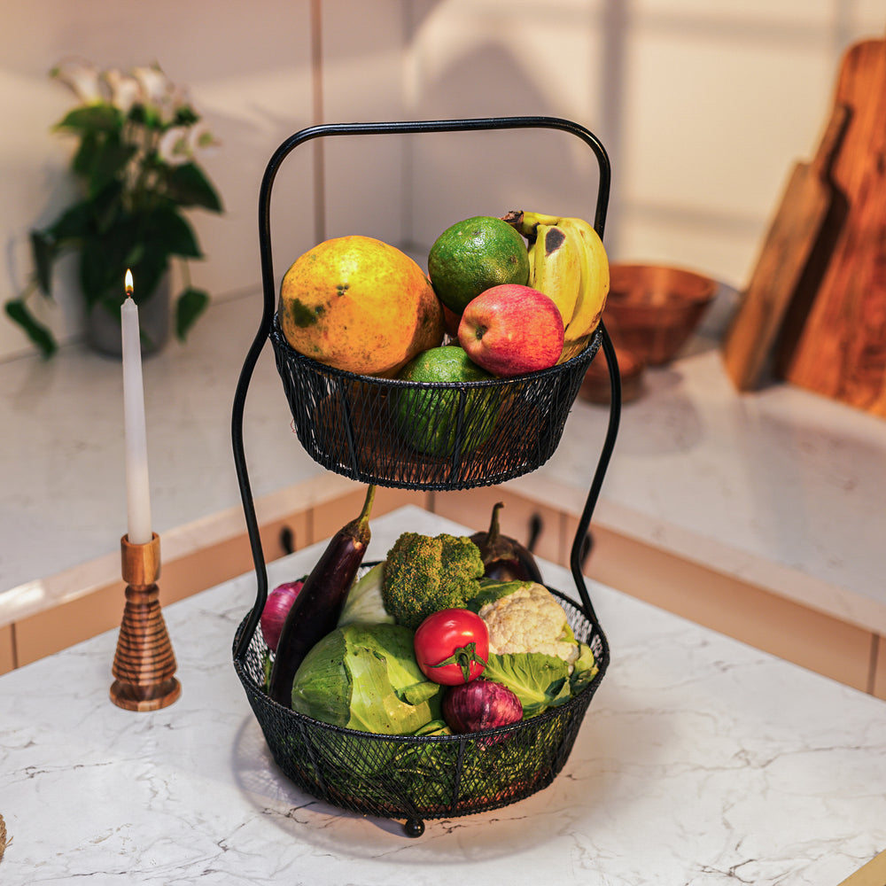 Ireka Homes Nest Basket – Handcrafted Acacia Wood & Metal Storage Basket – Sturdy 2-Tier Organizer for Fruits, Vegetables & Kitchen Essentials