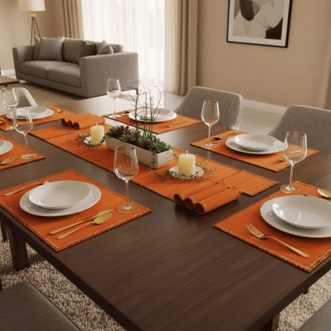 Silpakarman Zari Bamboo Table Runner with Placematss | Orange with Marigold Zari Accents