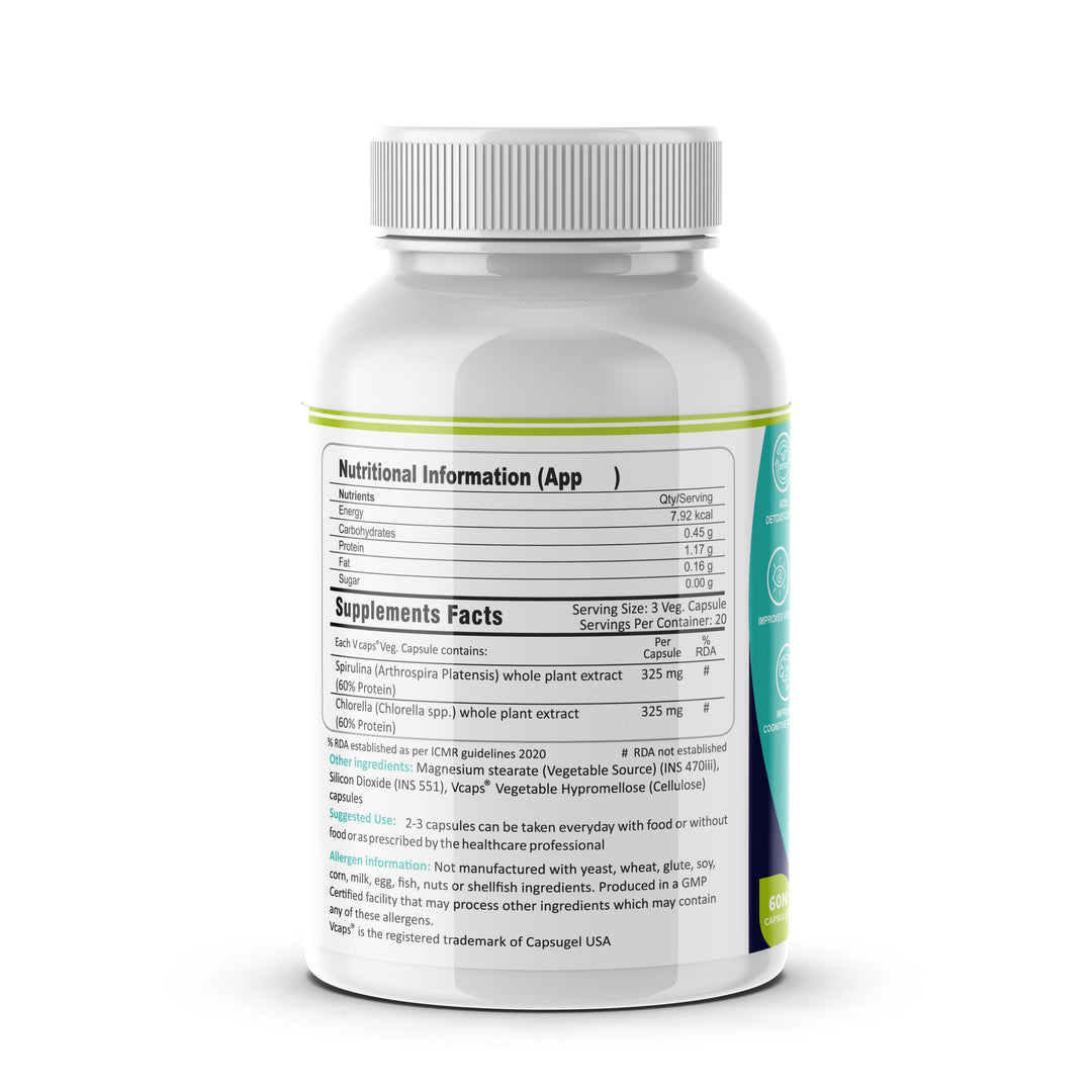 FM Nutrition Opti-Green I Chlorella & Spirulina I Natural Binder I Plant protein I Heavy Metal Detox I Rich in Omega 3 I Mitochondrial Health Booster I Vegan I 60 Capsules