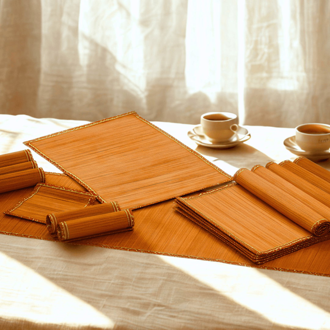 Zari Series | Bamboo Coasters (Set of 6) - Orange with Marigold Zari Accents