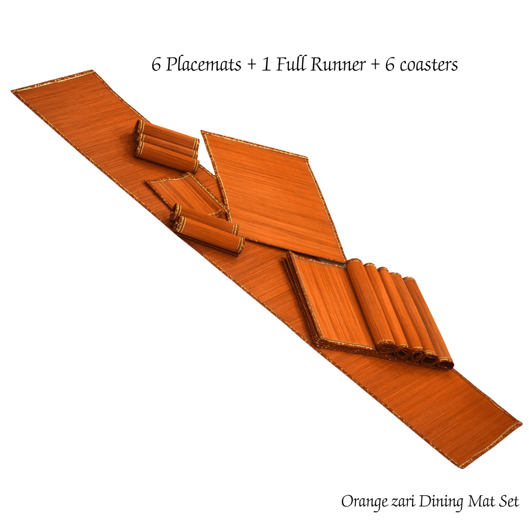 Silpakarman Zari Bamboo Table Runner with Placematss | Orange with Marigold Zari Accents