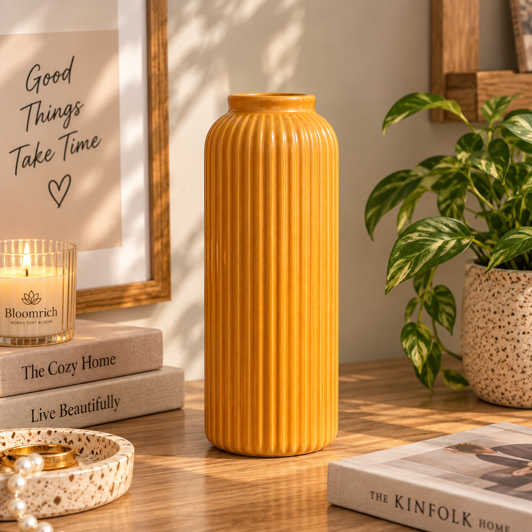 Soleil Moutarde – Tall Mustard Ribbed Ceramic Vase