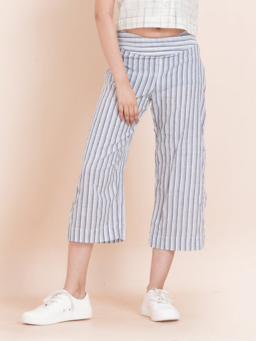 OCAU Basic Striped Wide Leg Cropped Pant - White and Blue Striped