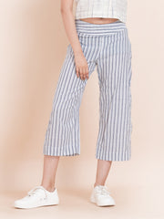 OCAU Basic Striped Wide Leg Cropped Pant - White and Blue Striped