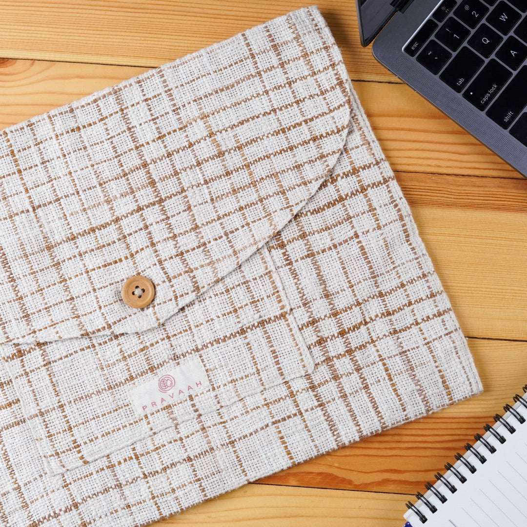 Pravaah Pai laptop sleeve | hemp cotton blend | washable | fits 11”-13” screen laptops | beige and brown