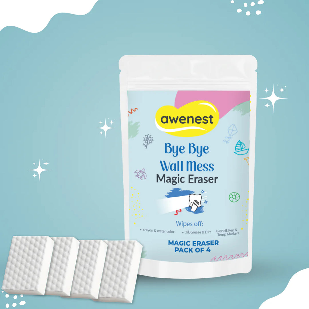 Magic Eraser - Pack of 4, Bye Bye Wall Mess Sponge Eraser | Magic Cleaning Sponge | Removes Crayon, Pencil, Marker & Grease | For Walls, Tiles & Laminates | Pack of 4