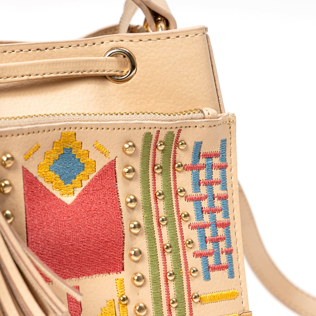 Green Hermitage Nora Vegan Leather Embroidered Sling Bag - Almond