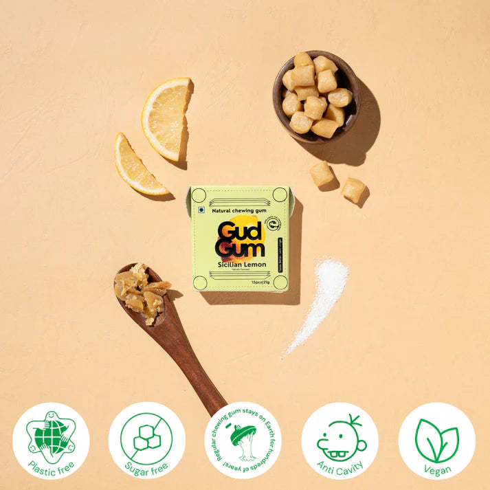 Gud Gum Chewing Gum - Mini Pack of 4 - Mixed Berry, Lemon, Charcoal Mint, Strawberry