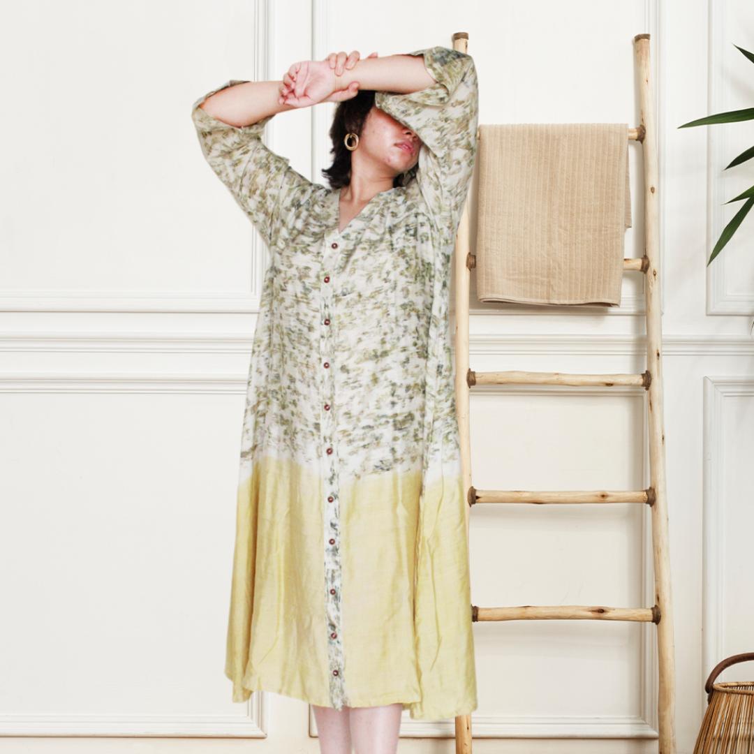 Bageeya “Mogra Sundri ” Natural Dyed Handcrafted Khadi Tussar Cotton Button Down dress | Crafted with Sacred temple Roses and Haldi