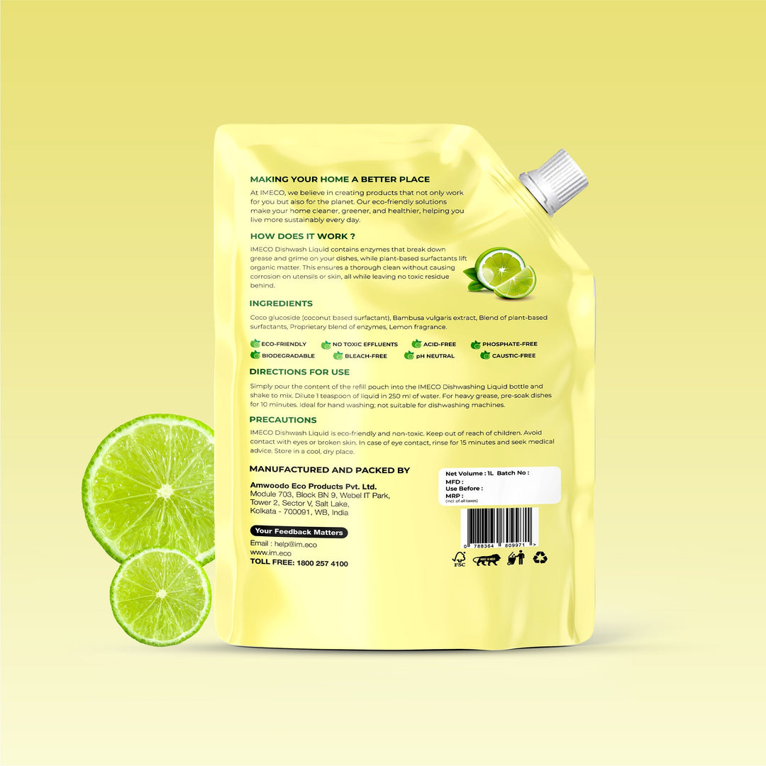 IMECO Bamboo Shakti Dishwash Liquid 1 Liter (Pouch) - Lemon Fragrance & Coconut-Based Surfactants With Natural Enzymes - Safe on Hands
