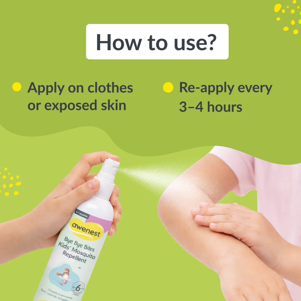 Mosquito Repellent Spray for Kids - awenest Bye Bye Bites | Citronella & Lemongrass Oils, DEET-Free | Safe for Babies 6+ Months | Skin-Friendly, Natural Insect Protection for Indoor & Outdoor Use – 100mlx2