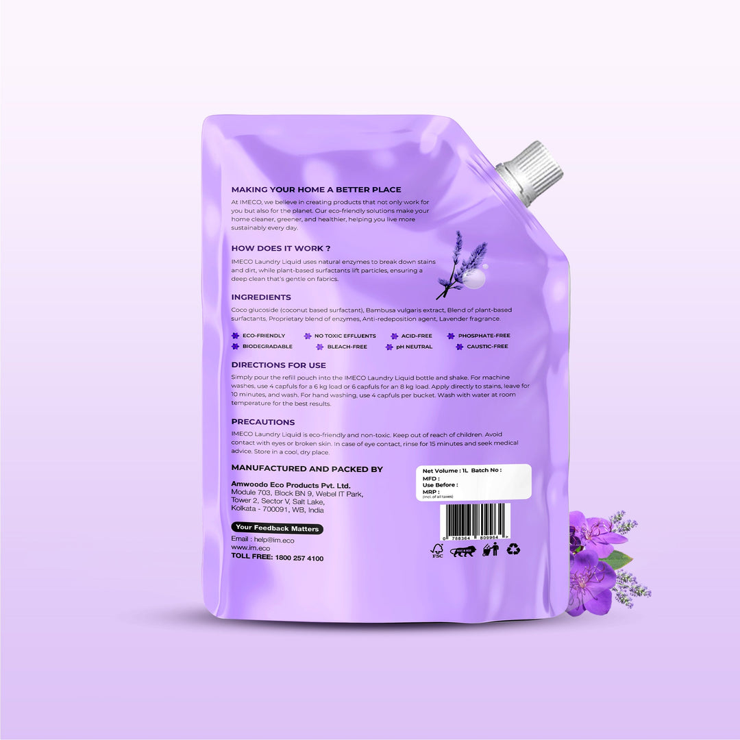 IMECO Bamboo Shakti Natural Detergent Liquid 1 Liter (Pouch) - Coconut & Lavender Fragrance - Designed to Remove Dried Stains