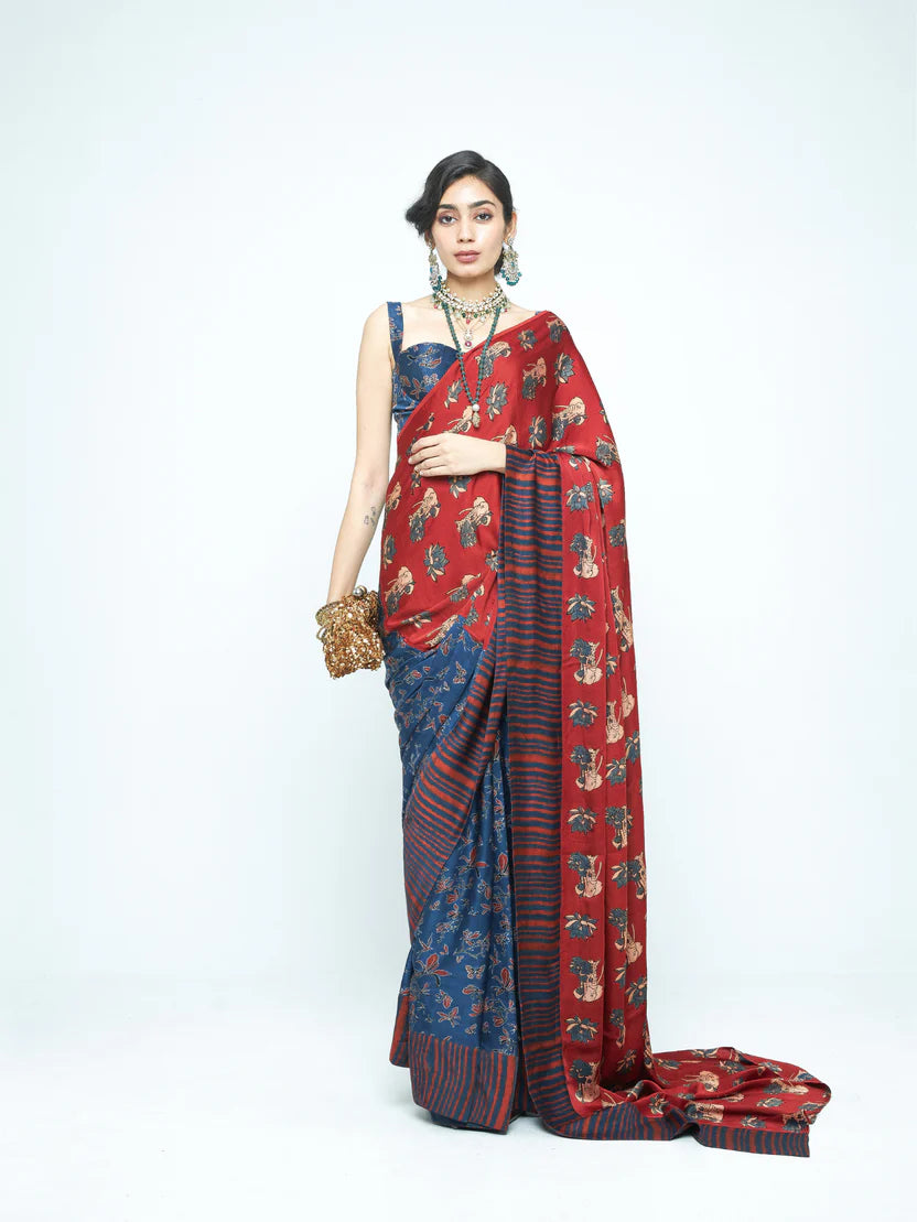 Anushé Pirani Eden Saree | Ajrakh Print Modal | Indigo & Terracotta, Pre-Stitched Option