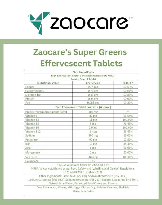 Zaocare Supergreen Effervescent Tablets For Tummy Fat Burn & Gut Detox | 100% Vegan