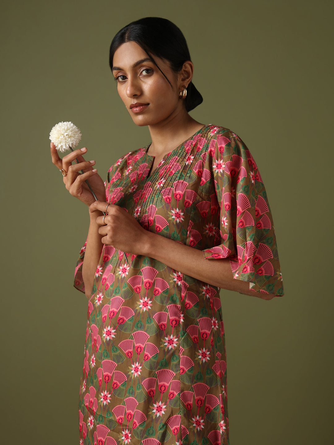 Dhwani Choksi Printed Pin Tucks Tunic - Olive