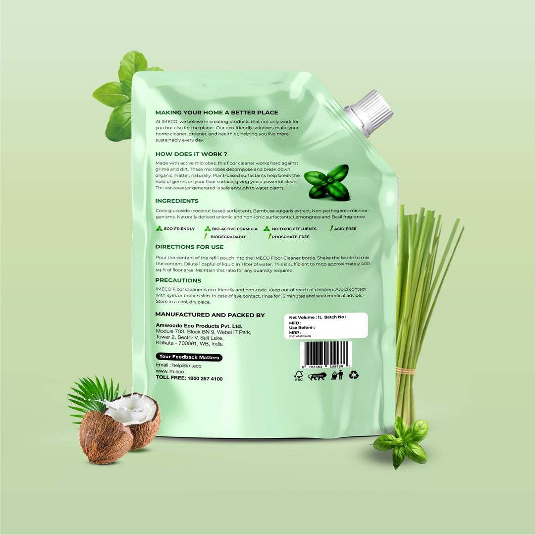 IMECO Bamboo Shakti Floor Cleaner 1L (Pouch) - Lemongrass & Basil Fragrance for All-Purpose Tile, Floor & Wall Cleaner
