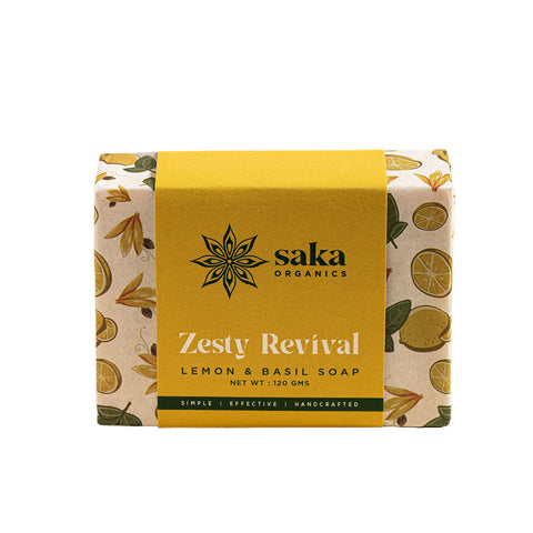 Saka Organics - Zesty Revival | Handmade Lemon & Basil Soap with Moisturizing Formula | Natural Spa Bar for Normal Skin - 120gm