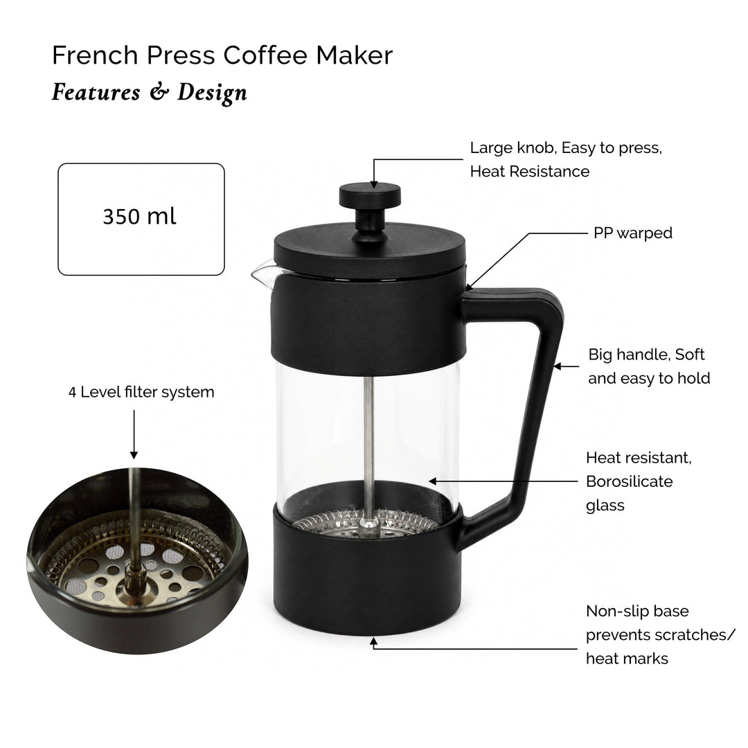 The Bean Co Roasters French Press Coffee Maker - 350 ml | Heat Resistant Borosilicate Glass | Stainless Steel Plunger with Ergonomic Handle | Black
