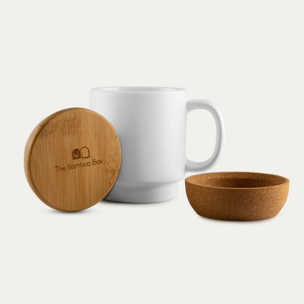 The Bamboo Bae Cork Coffee Mug | Porcelain Mug with Cork Base & Bamboo Lid | Eco Friendly Ceramic Cup | Heat Resistant | Unique Gift