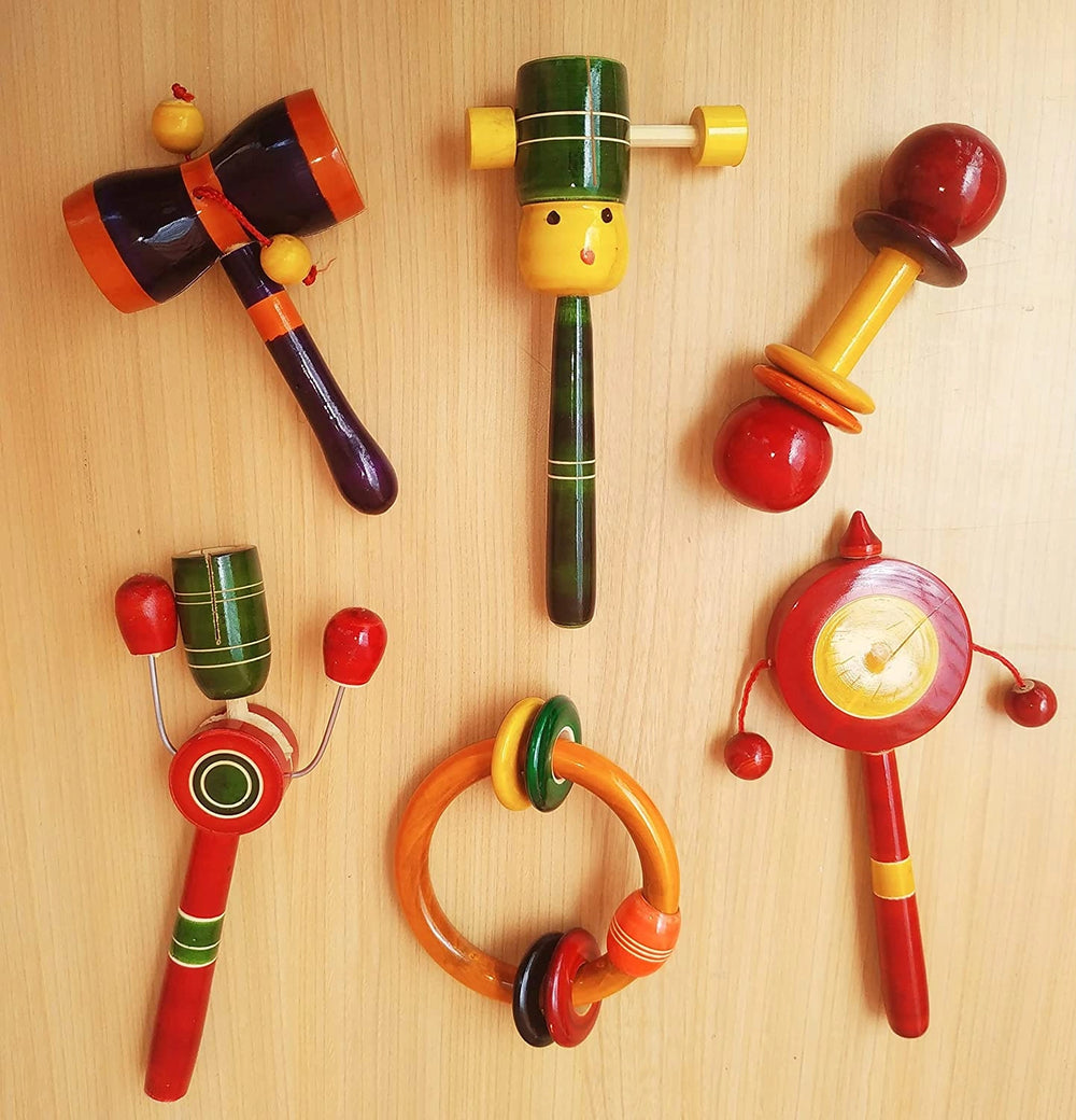 Channapatna Toys Wooden Rattles for Baby, Infants, New Born Babies Toys, Kids (0+ Years) - Set of 6 pcs - Multicolor - Discover Sounds, Develops Sensory Skills